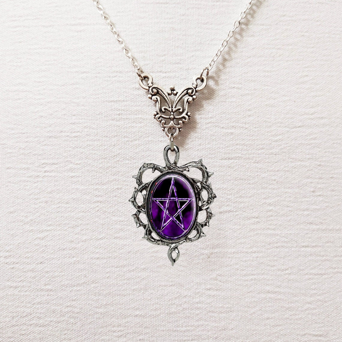Unisex Purple Pentagram Pendant Necklace with Thorn Frame