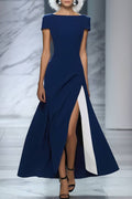 Formal Evening Dress Deep Blue Boat Neck Side Slit Maxi Gown
