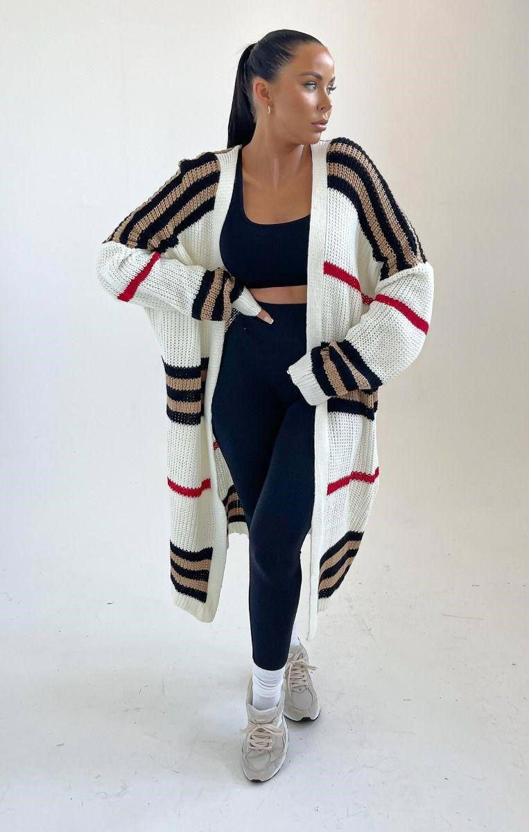 Striped Longline Knitted Open Cardigan