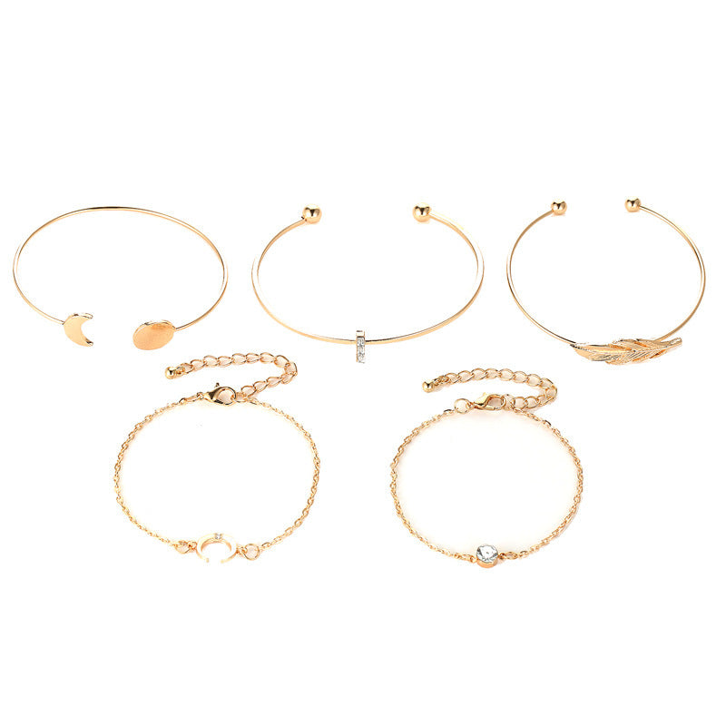 Five-Piece Punk Moon Leaf Crystal Protein Bracelet Set