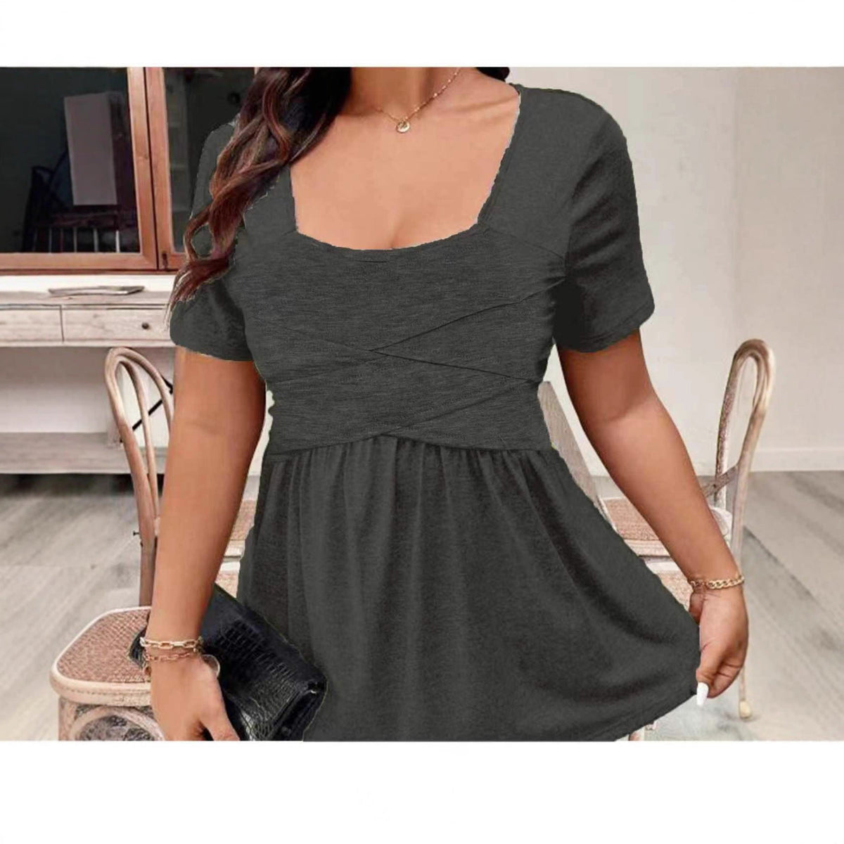 Solid-color Square-neck Front-cross-strap Short-sleeve Casual T-shirt
