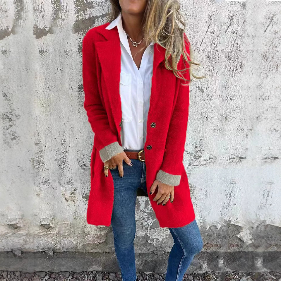 Polo Collar Pocket Cardigan Single-breasted Mid-length Plush Coat
