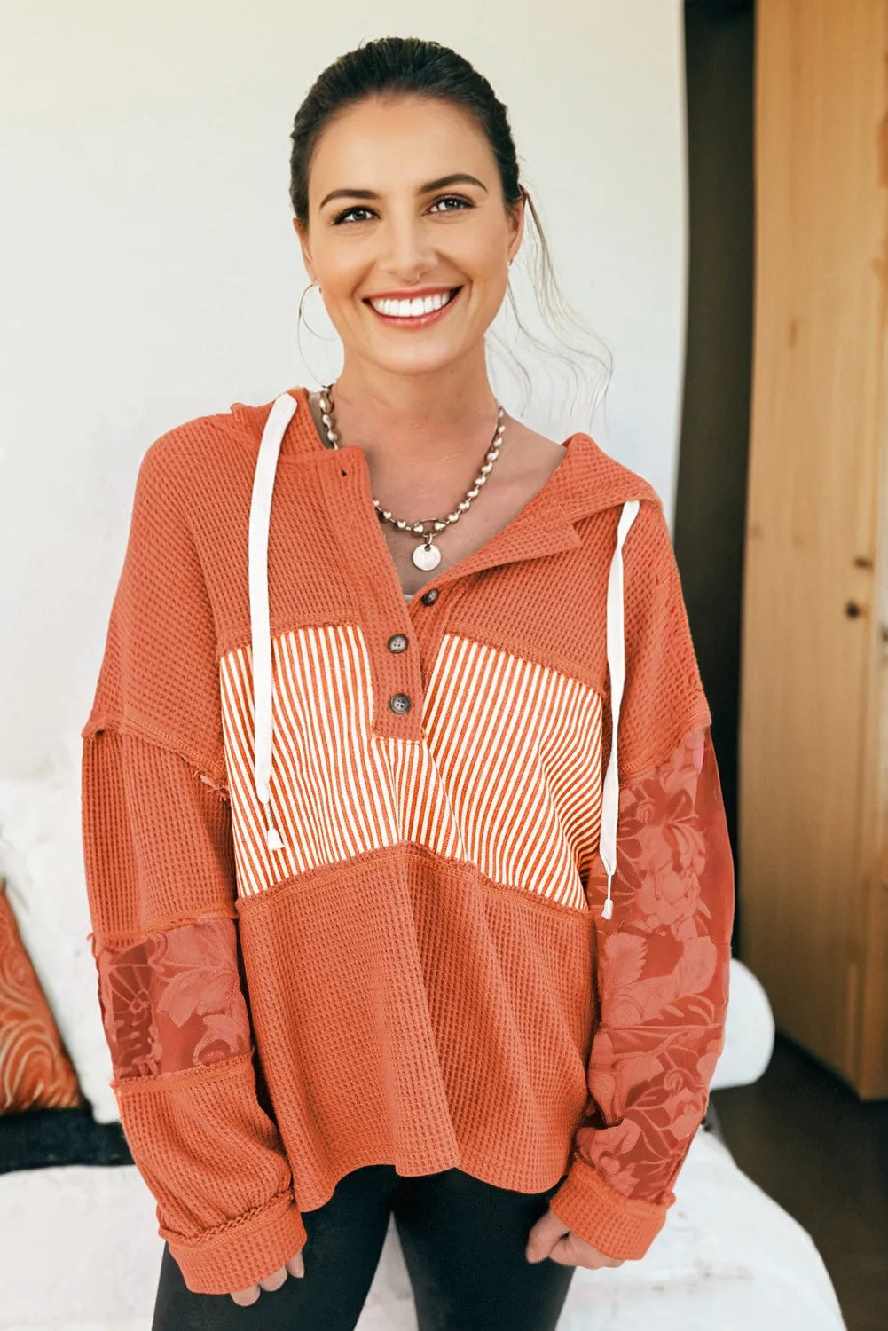 Cinnamon Waffle Printed Patchwork Drawstring Hooded Long Sleeve Top