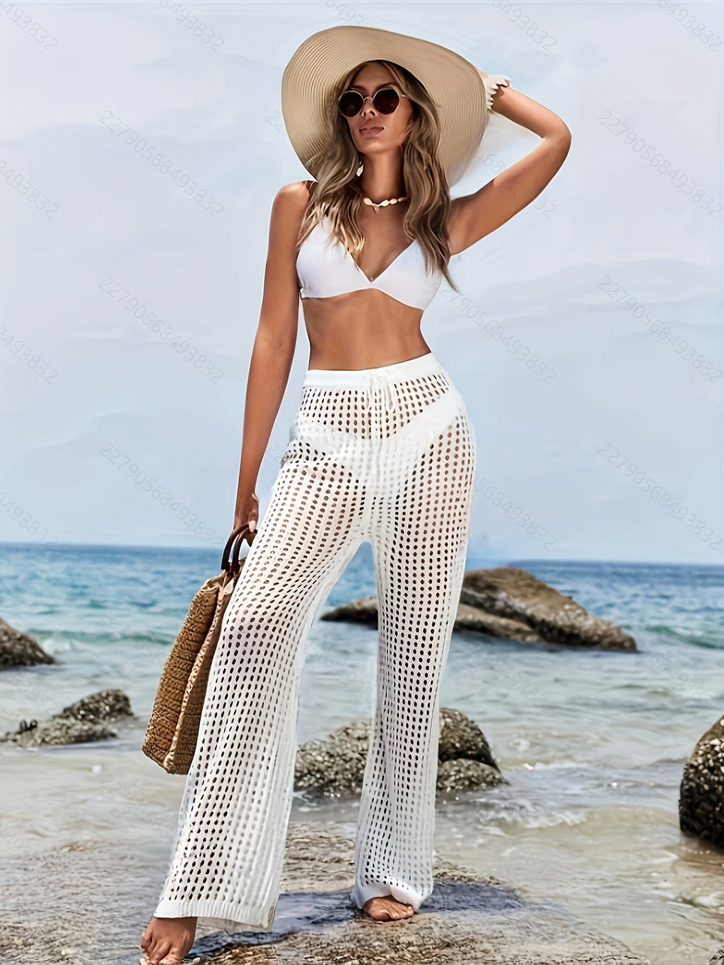 Women's Summer Beach Style Hollow-Out Wide Leg Pants Polyester Knit Trouser