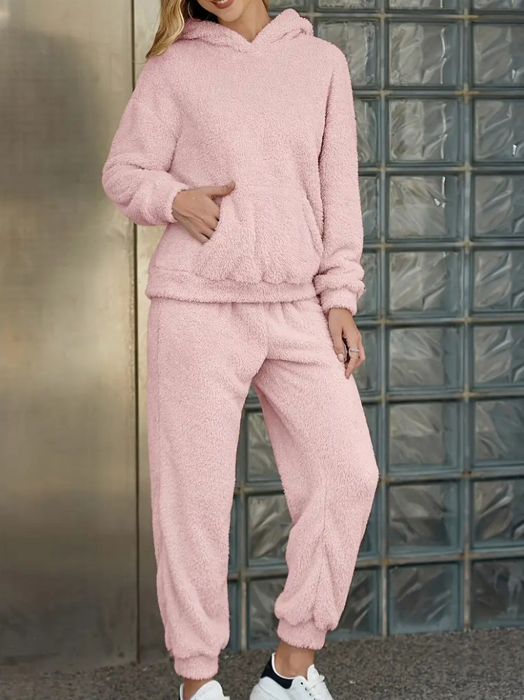 Winter Plush Pajama Set Fashion Casual Hooded Top And Elastic Band Pants Warm Sofa Carpet Home Clothes Women's Trousers Set Clothing