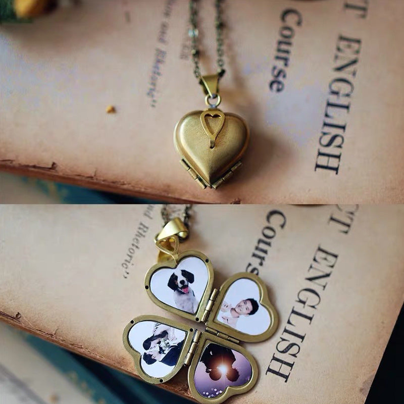 Four Open Heart-like Four-Leaf Clover Locket Necklace