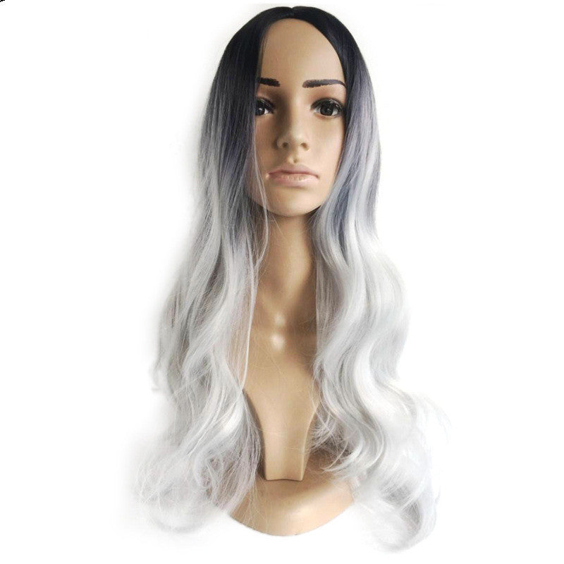 Black silver gray mid-point long curly hair cos fake