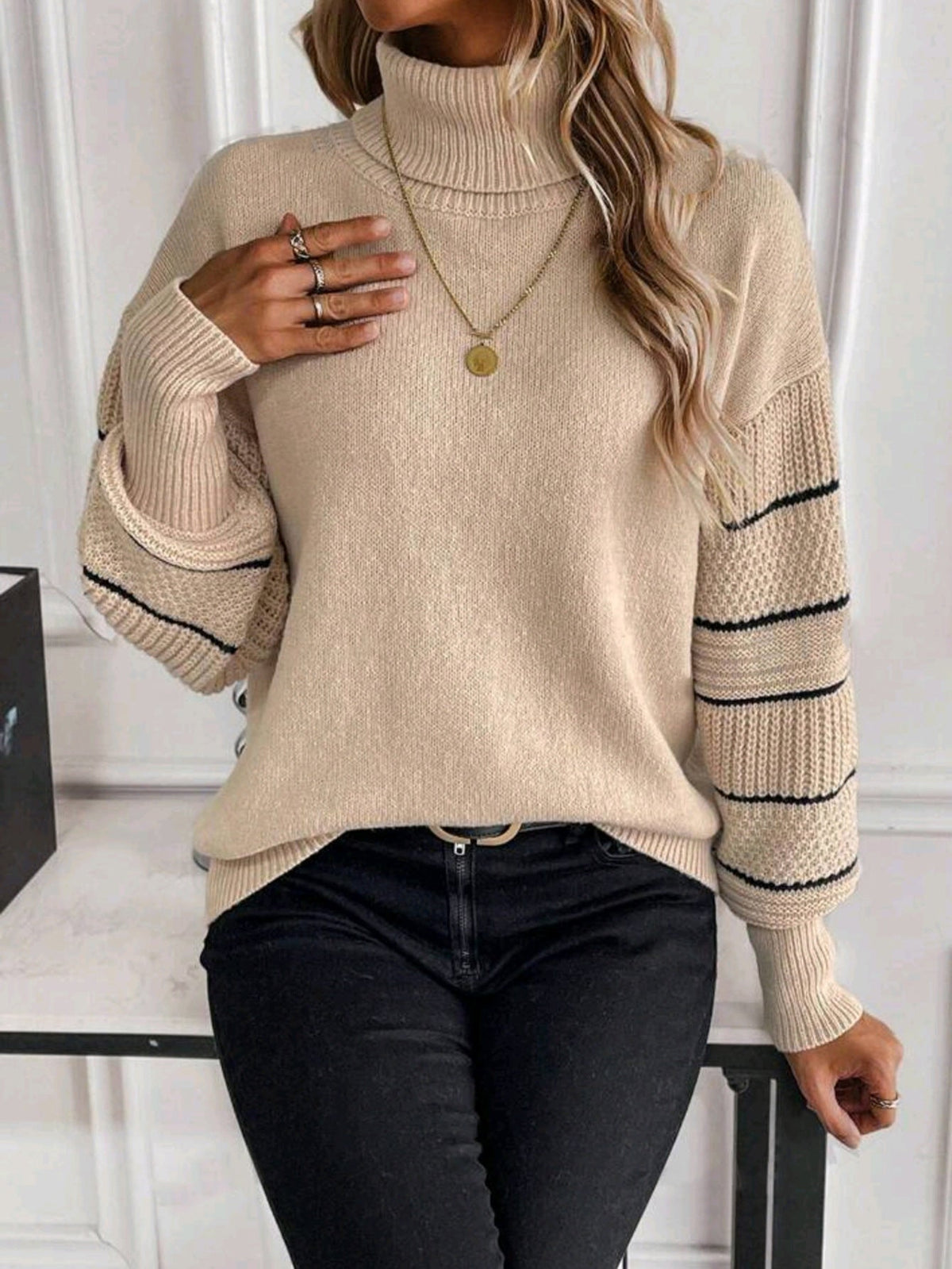 Striped Turtleneck Drop-shoulder Pullover Long Sleeve