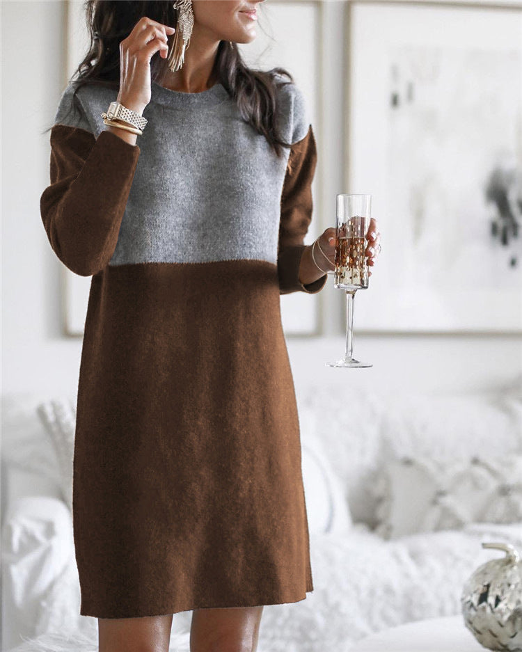 Women's Sweater Patchwork Skirt Loose Round Neck Long Sleeve