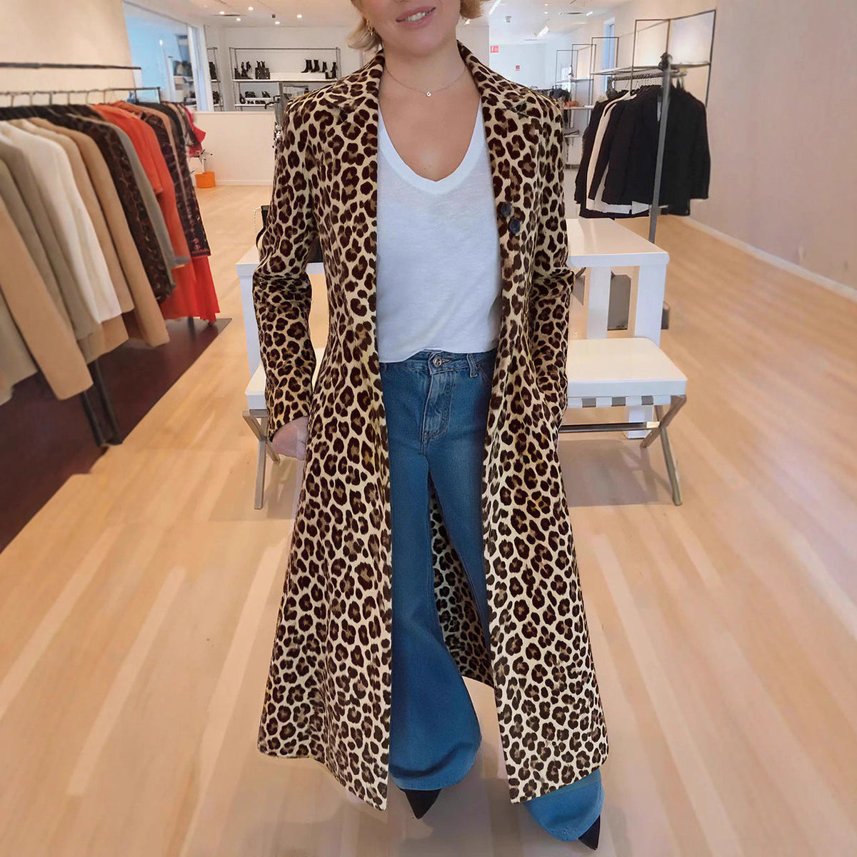 Women's Coat Lapel Leopard Print Casual Trench Women's Clothing