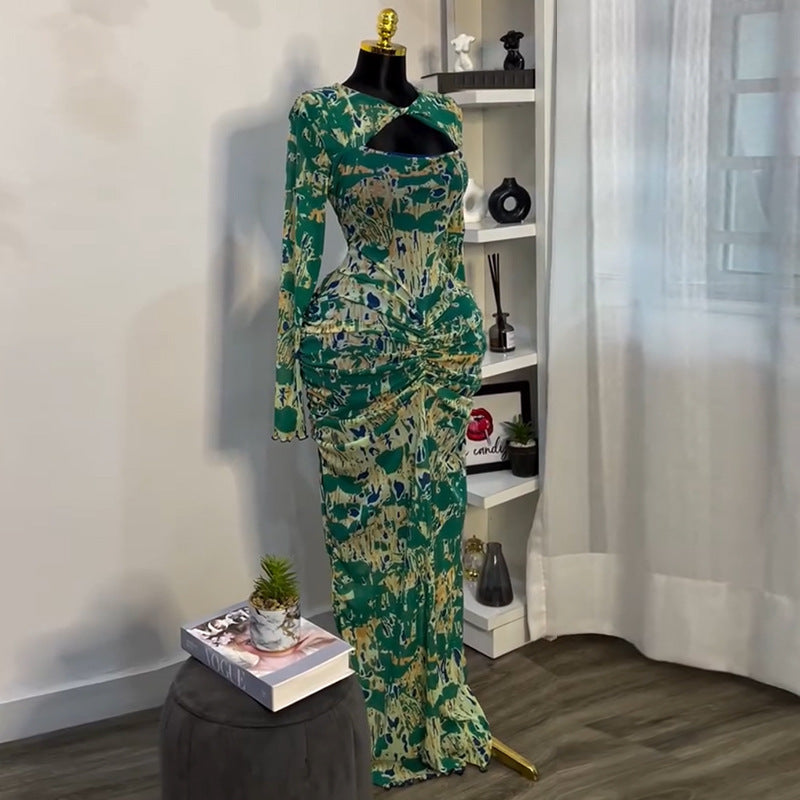 Printed Long Sleeve Hollow-out Pleated High Waist Sexy Vacation Dress Long Dress