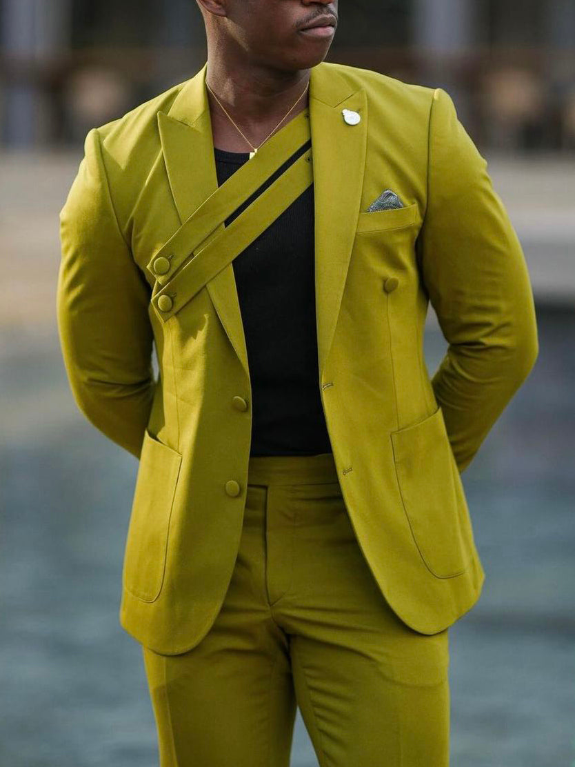 Olive Green Suit With Asymmetric Strap Detail And Tailored Fit