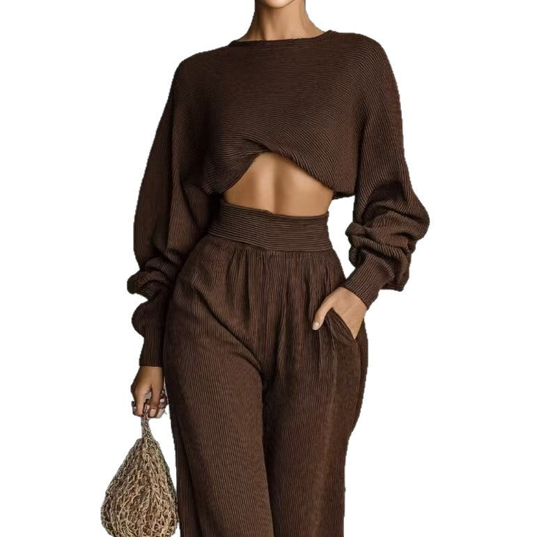 Fashionable Women's Knit Long-sleeve Top And Pants Two-piece Set