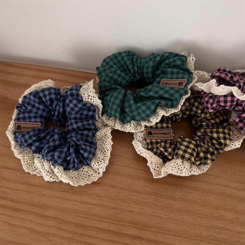 Pastoral Style Plaid Large Intestine Hair Ring Cute Lace Edge Simple