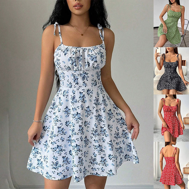 Floral Print Dress Summer Sweet A- Line Waist Trimming Dresses Women's Slimming Casual Clothing