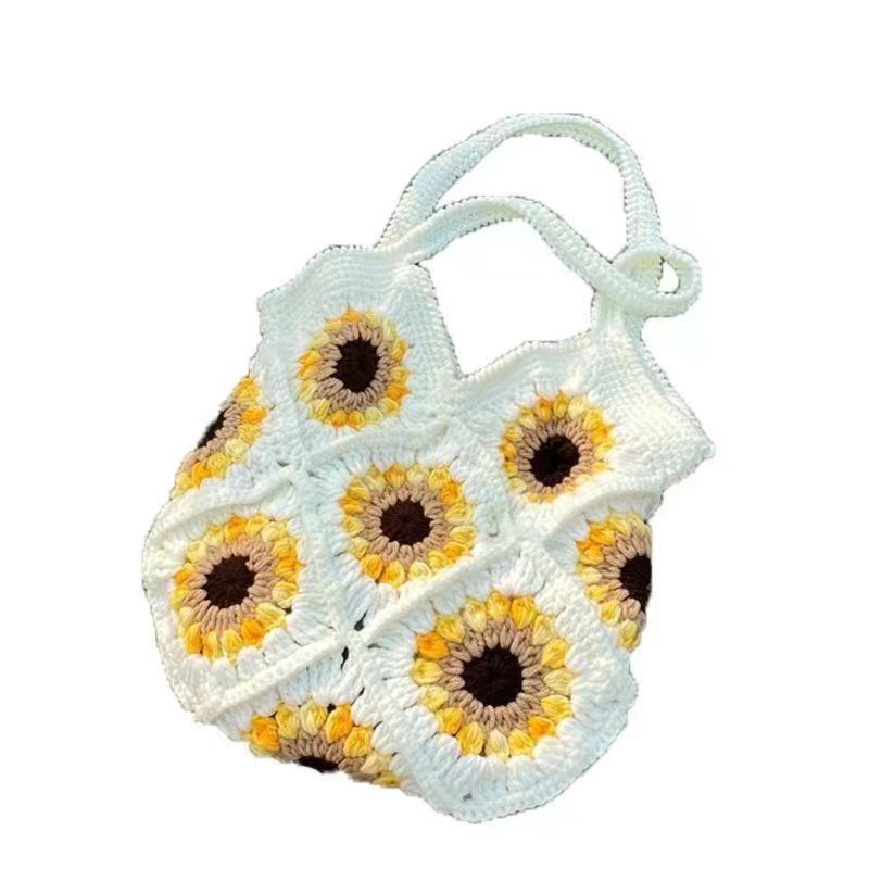 Hand-woven Bag Wool Crochet Cute Sunflower Since Shoulder Tote