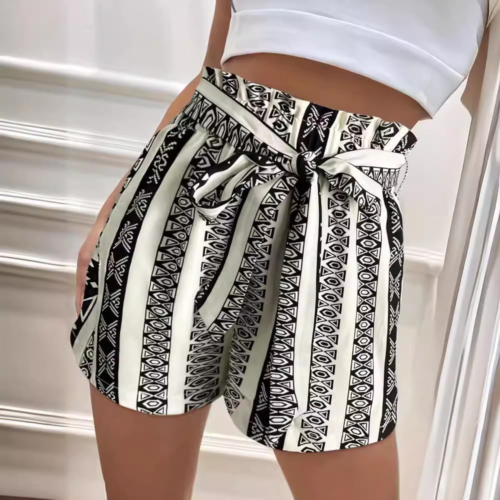Belt Printed Casual Shorts For Commuter Women