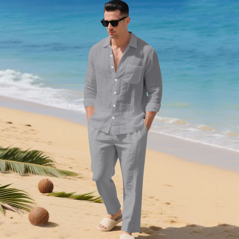 Beach Leisure Loose Collar Shirt Long Sleeve Pants Set