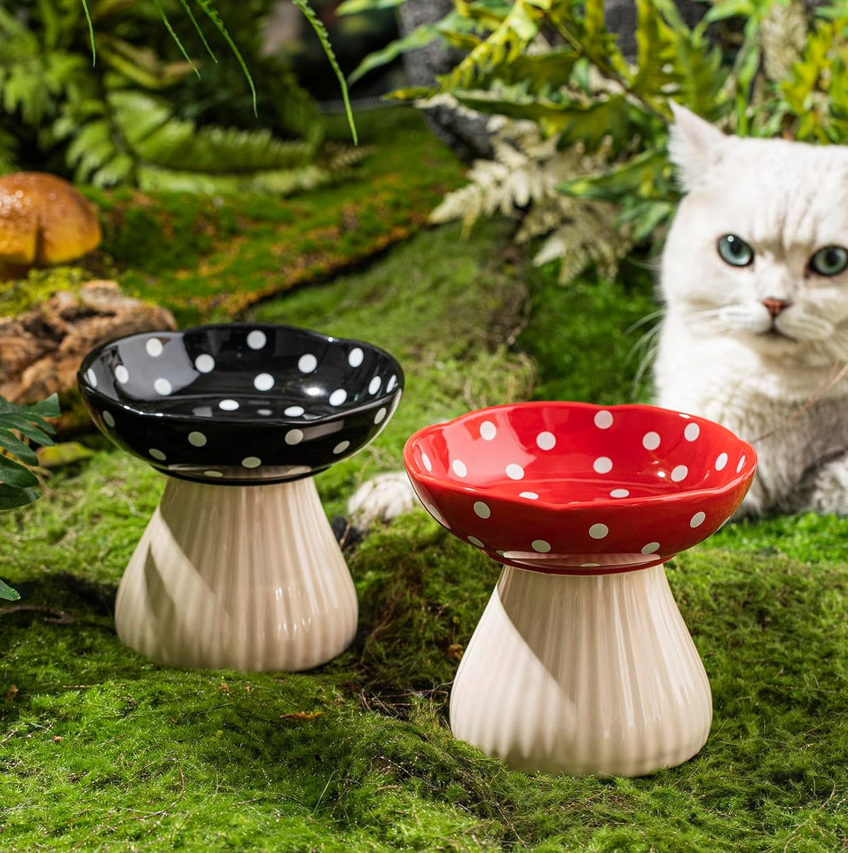 Mushroom Raised Cat Bowl With Cute Polka Dot Design And Safe Ceramic Material For Small Pets
