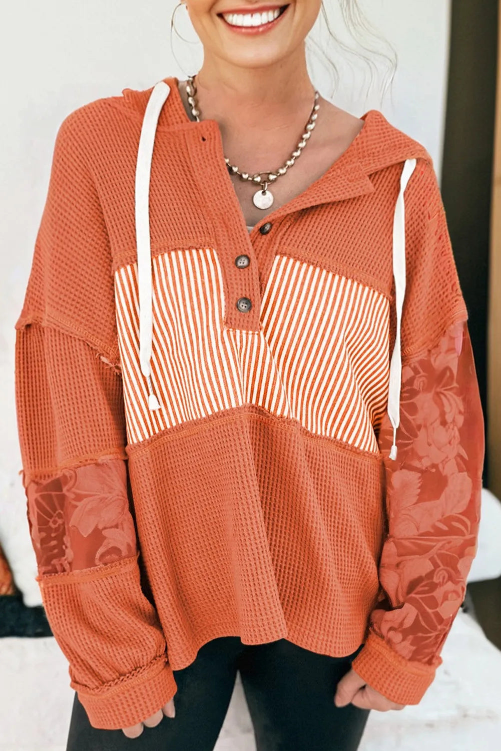 Cinnamon Waffle Printed Patchwork Drawstring Hooded Long Sleeve Top