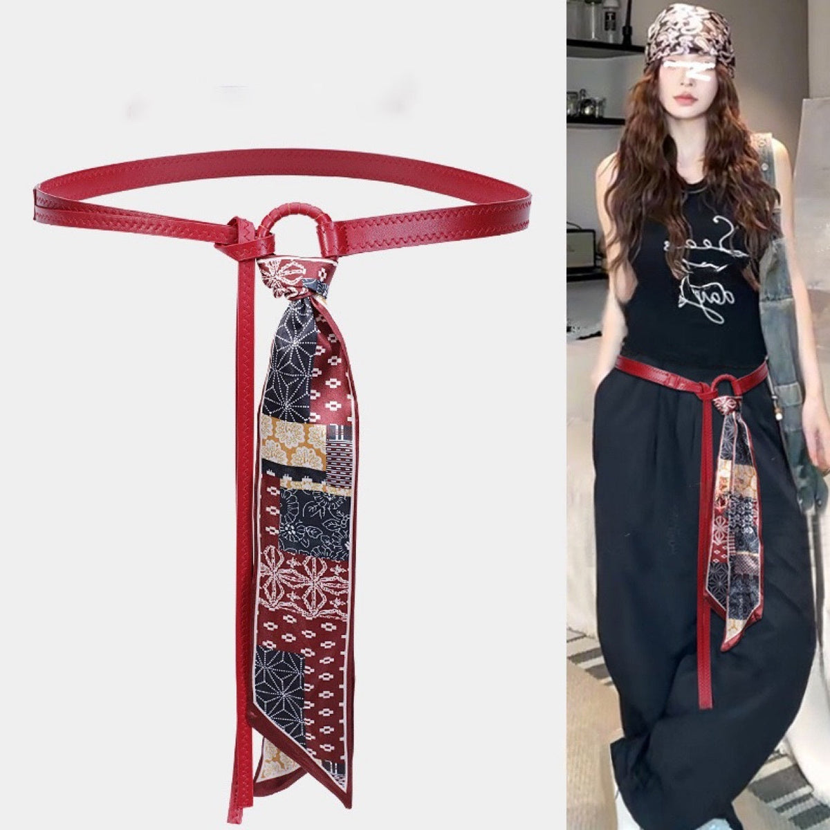 Scarf Belt Accessories For Wome Silk Ribbon Waist Chain Leather