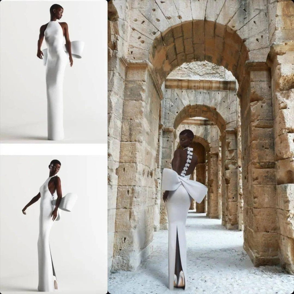 Sexy Round Neck Backless Bow White Bandage One-piece Dress