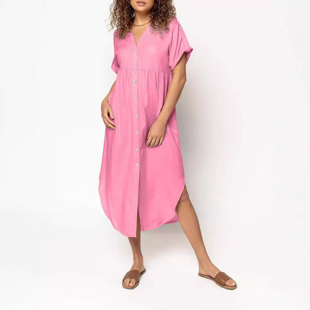 Loose Temperament Casual Solid Color Buttons Mid-length Dress