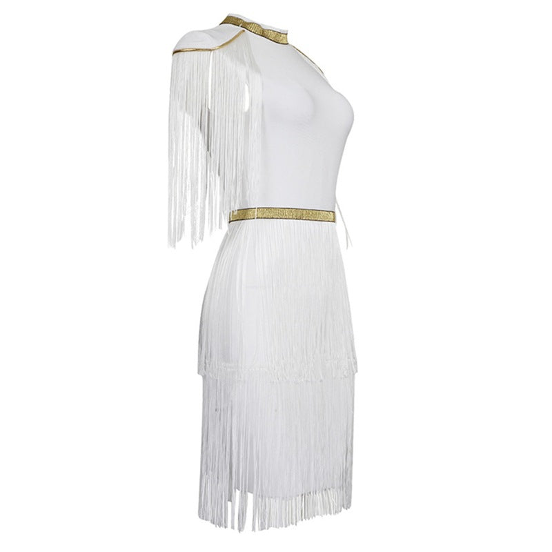 Women's Round Neck Fringed Belt Black And White Red Casual Dress