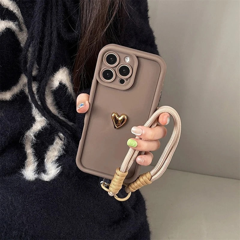 Silicone Phone Case With Lanyard Heart Design And Gold-plated Finish