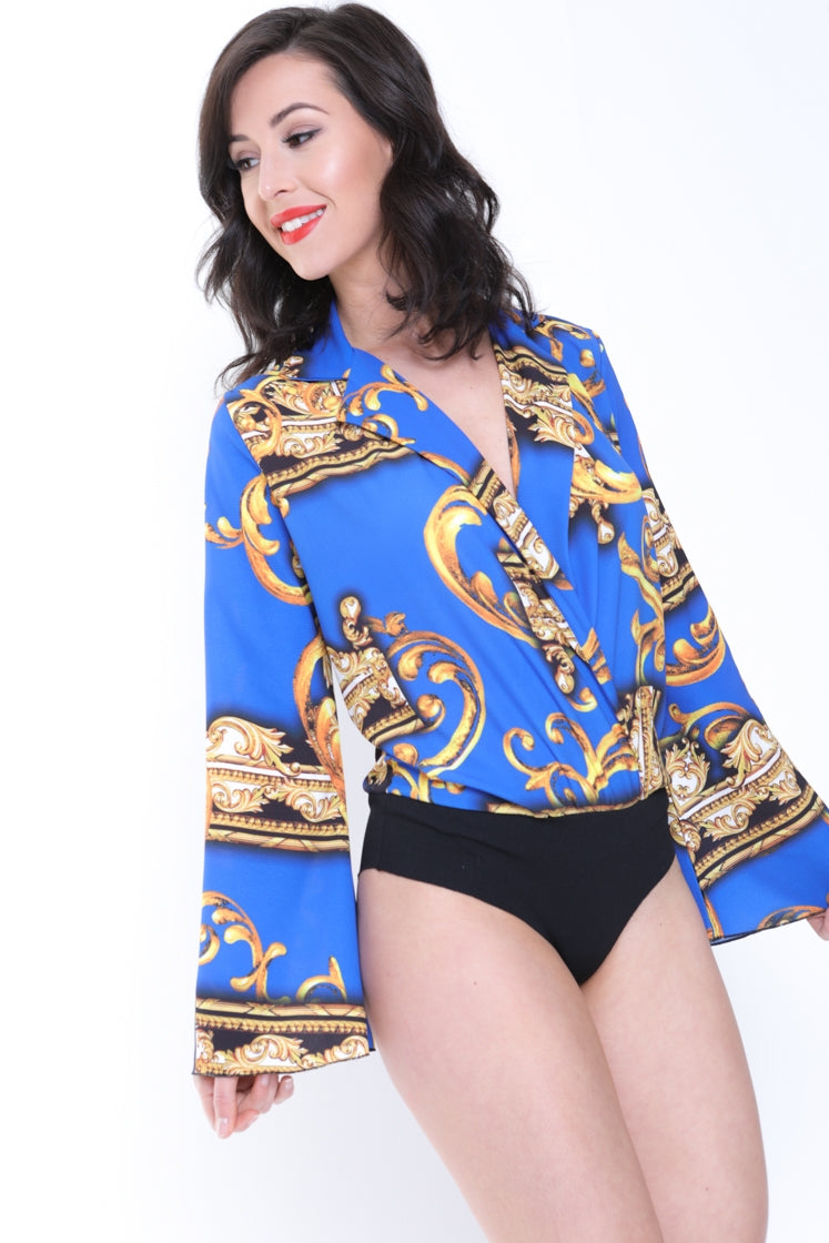 Patterned Print Wrap Front Bodysuit