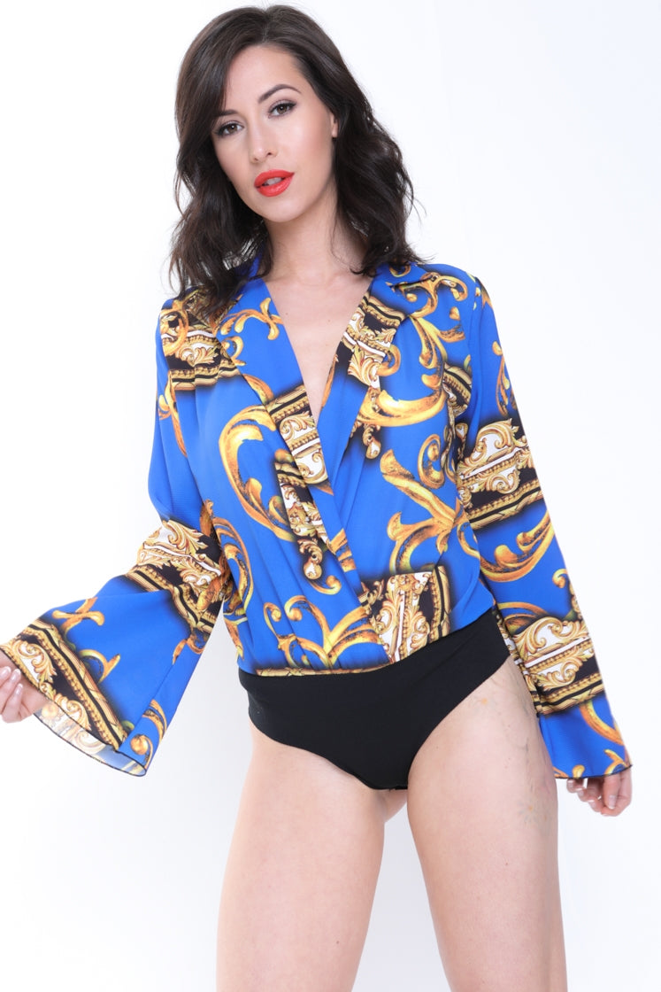 Patterned Print Wrap Front Bodysuit
