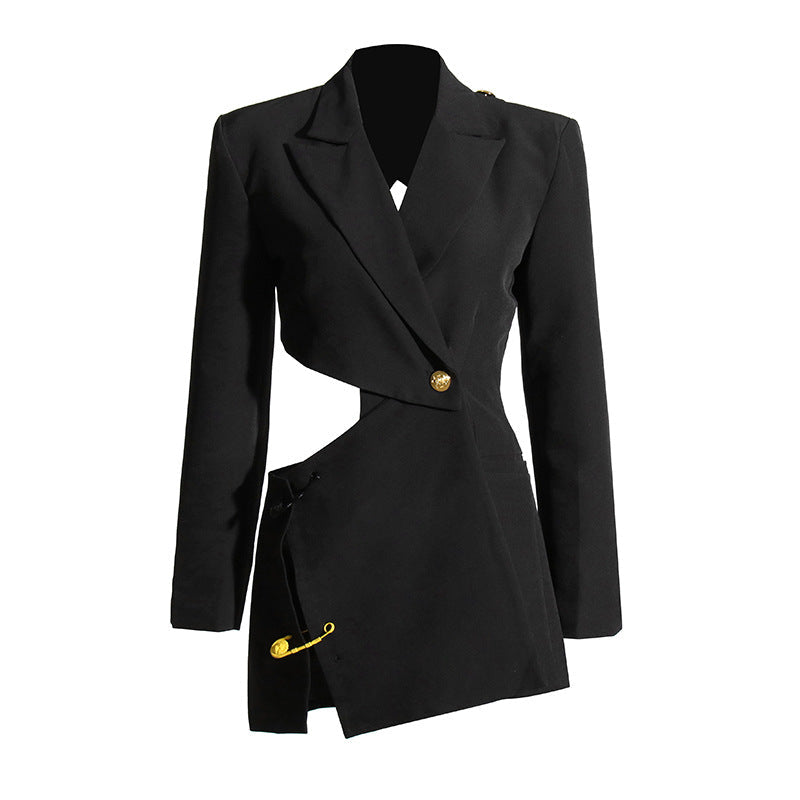 Winter Hollowed Out Backless Asymmetrical Black Slim Coat For Women