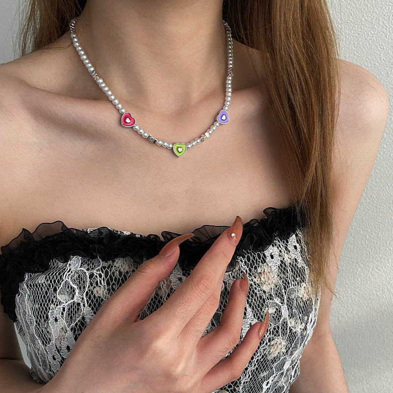 Colourful Heart Beaded Pearl Necklace