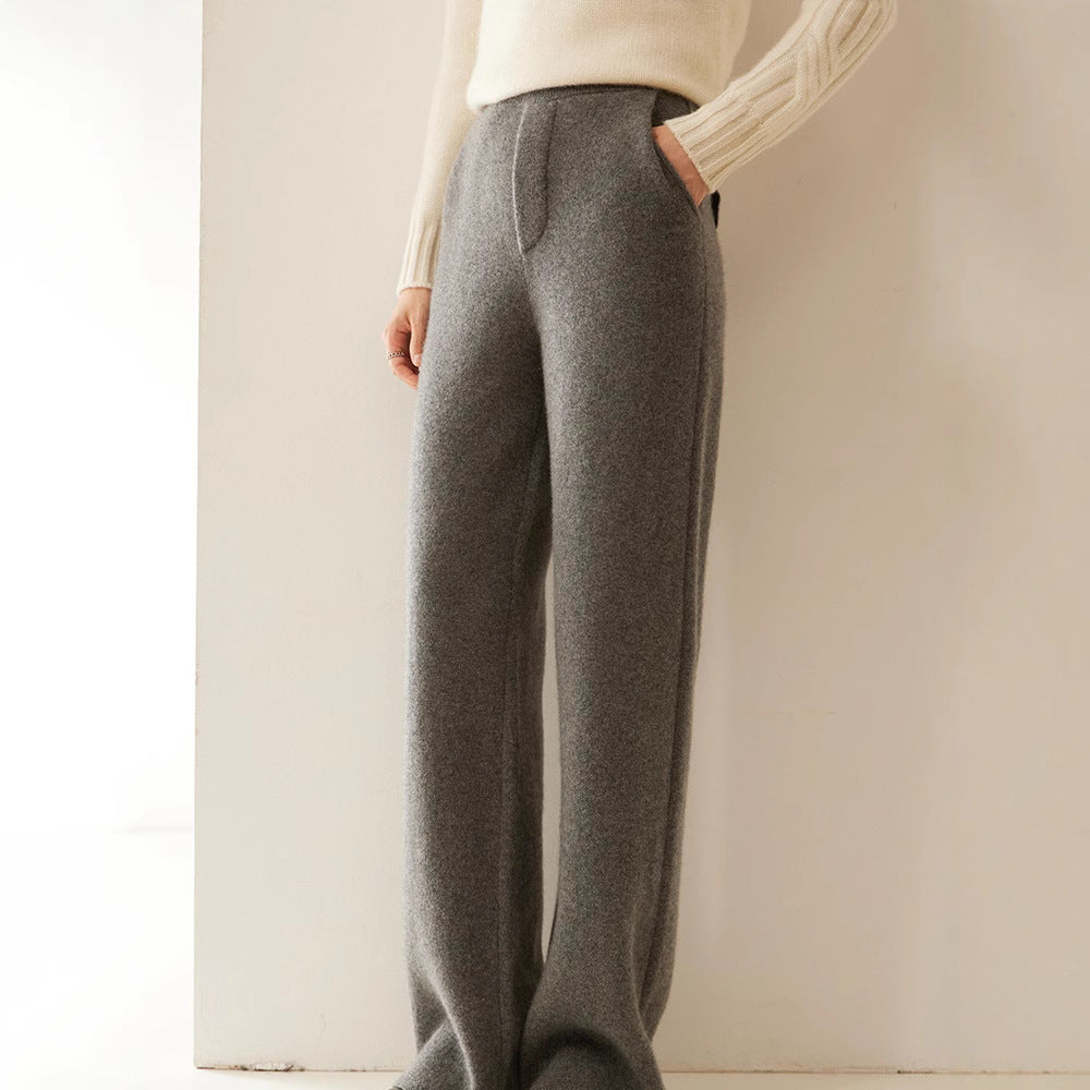 Thick, Draping Straight-leg Figure-flattering High-waisted Knitted Cashmere Wide-leg Pants For Women