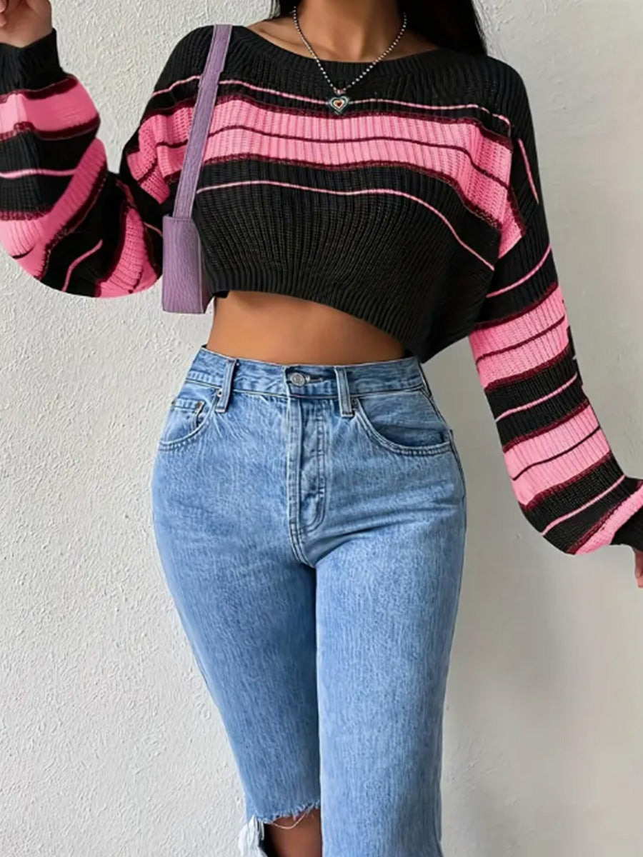 Knitted Contrast Color Striped Loose All-match Long Sleeve