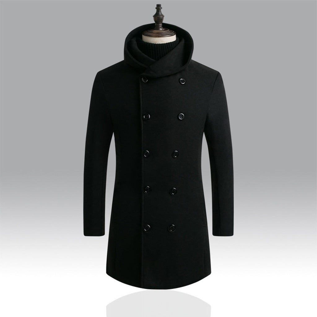 Men's Mid-Length Woolen Coat Padded Hooded Trench Coat