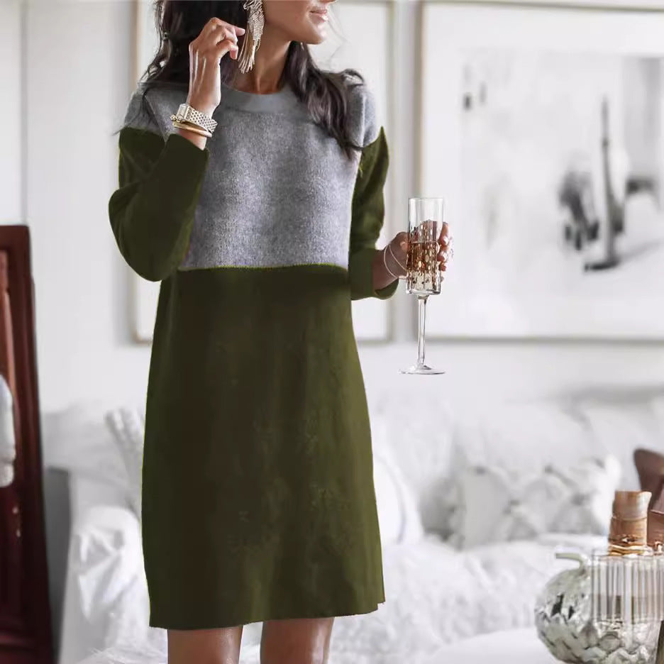 Women's Sweater Patchwork Skirt Loose Round Neck Long Sleeve