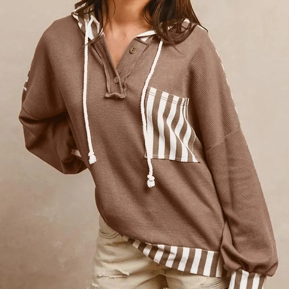 Straw Yellow Waffle Texture Striped Patchwork Button Neck Drawstring Hoodie