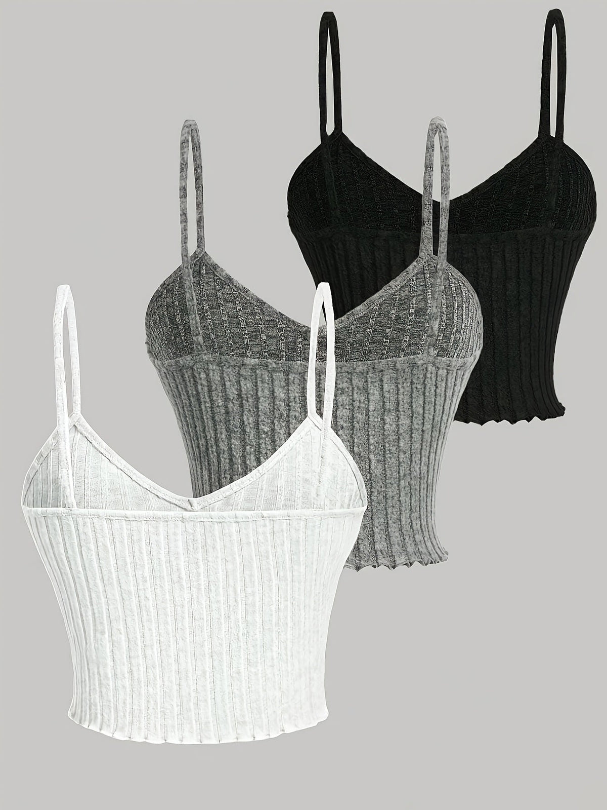 3pcs Elegant Solid Color Women's Cami Tops - Ribbed V-Neck, Sleeveless Spaghetti Strap Stretchy Top