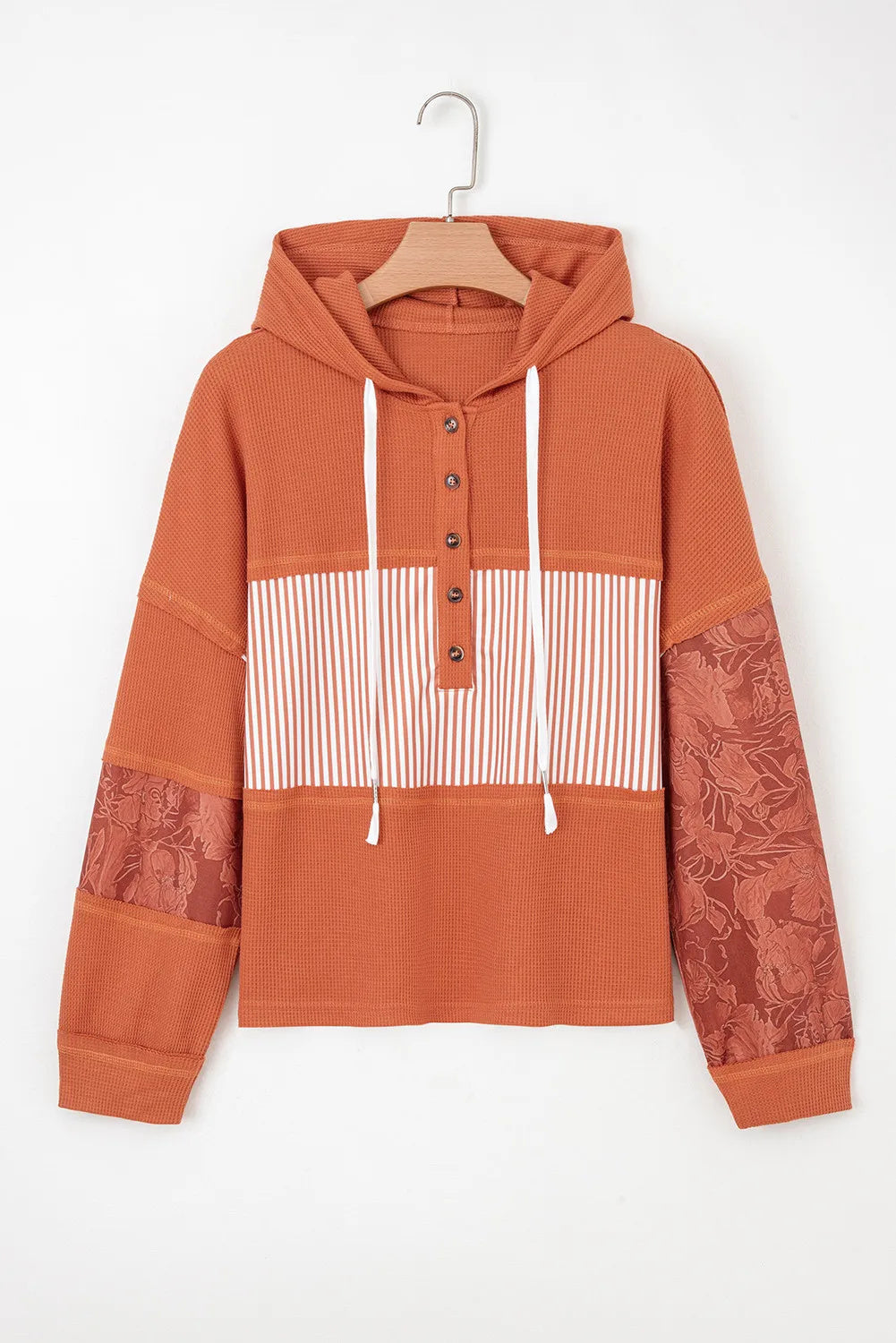 Cinnamon Waffle Printed Patchwork Drawstring Hooded Long Sleeve Top