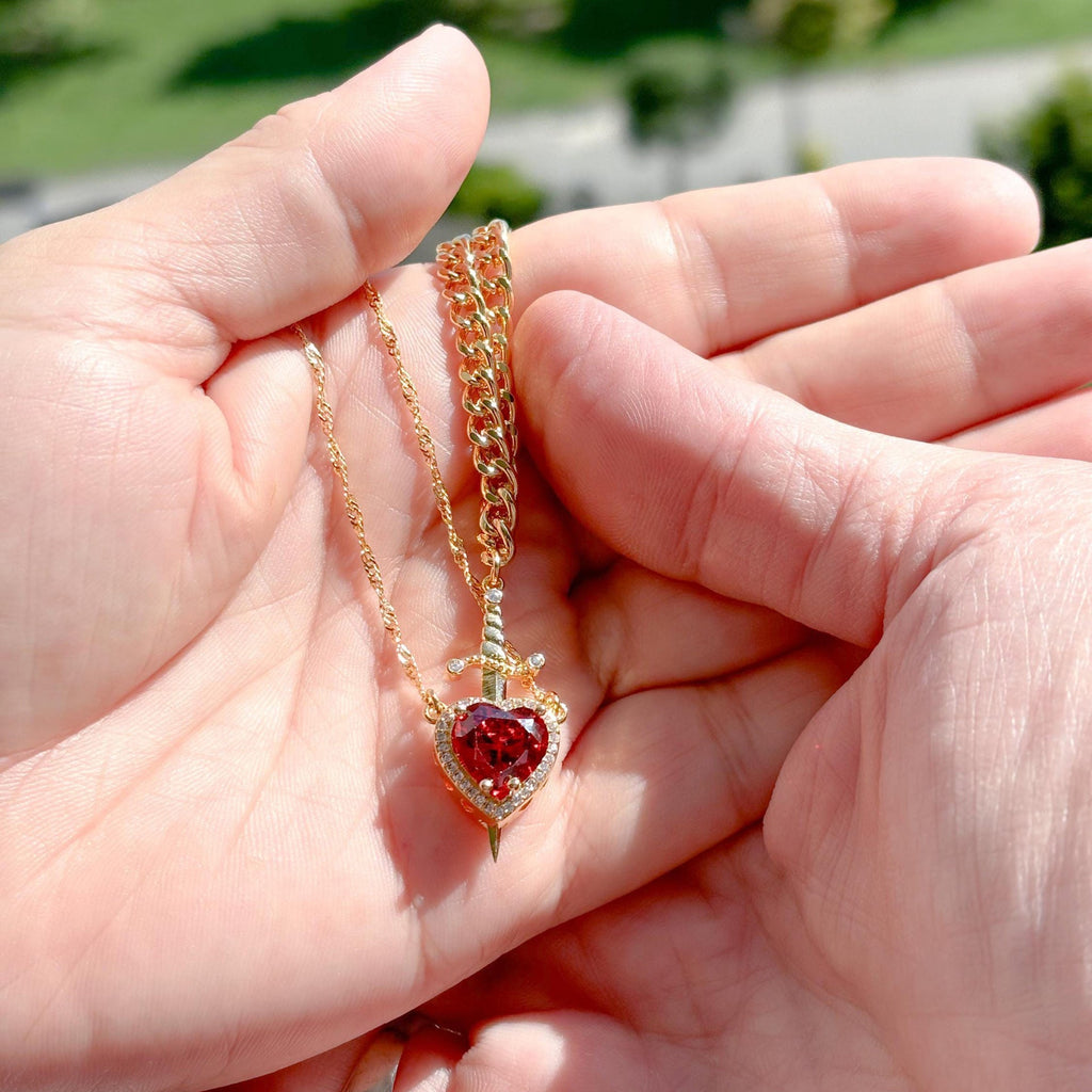Heart and Sword Necklace Set, Red Heart Crystal