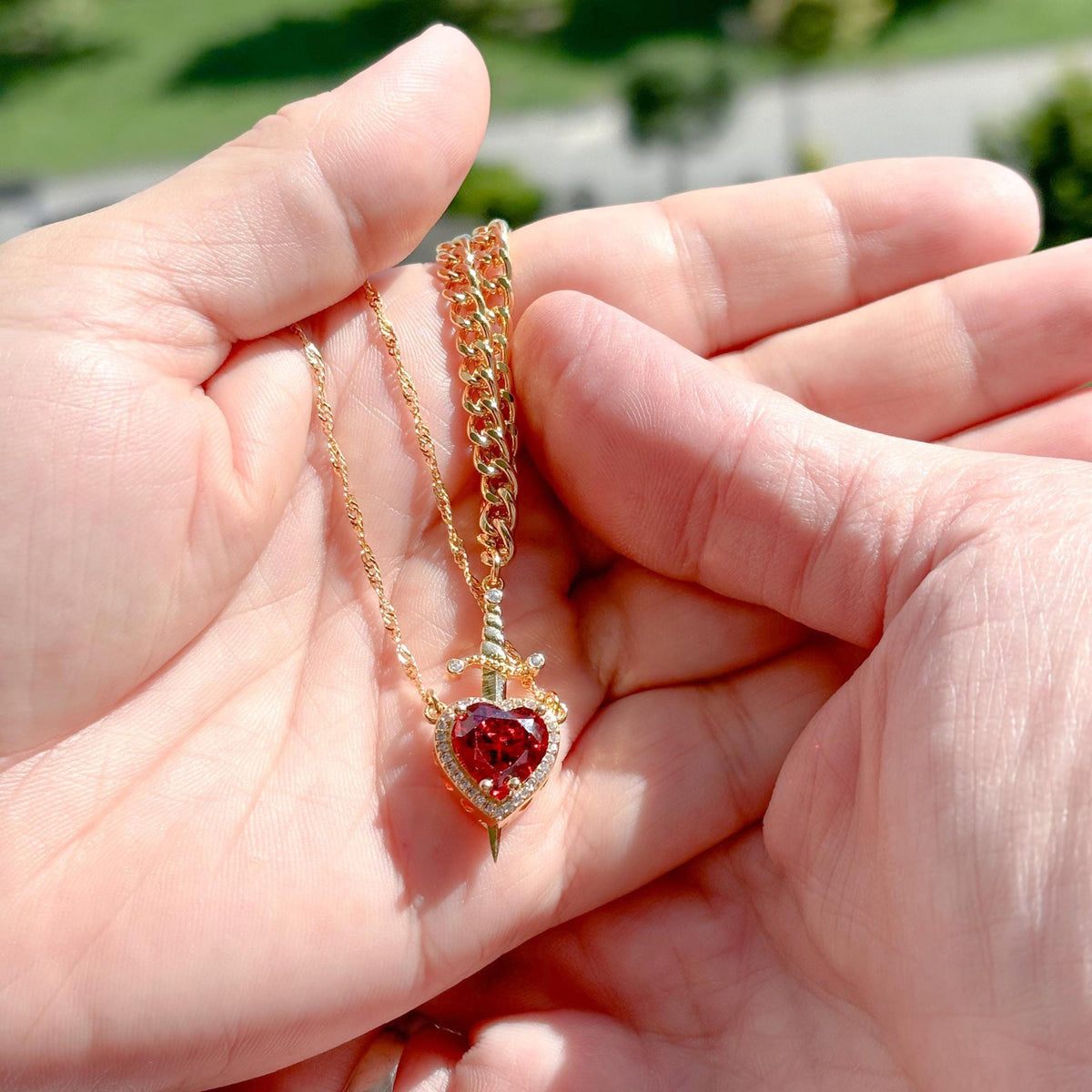 Heart and Sword Necklace Set, Red Heart Crystal