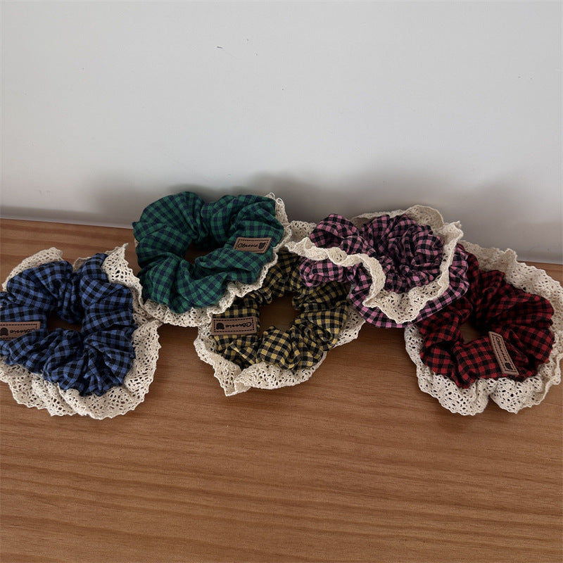 Pastoral Style Plaid Large Intestine Hair Ring Cute Lace Edge Simple