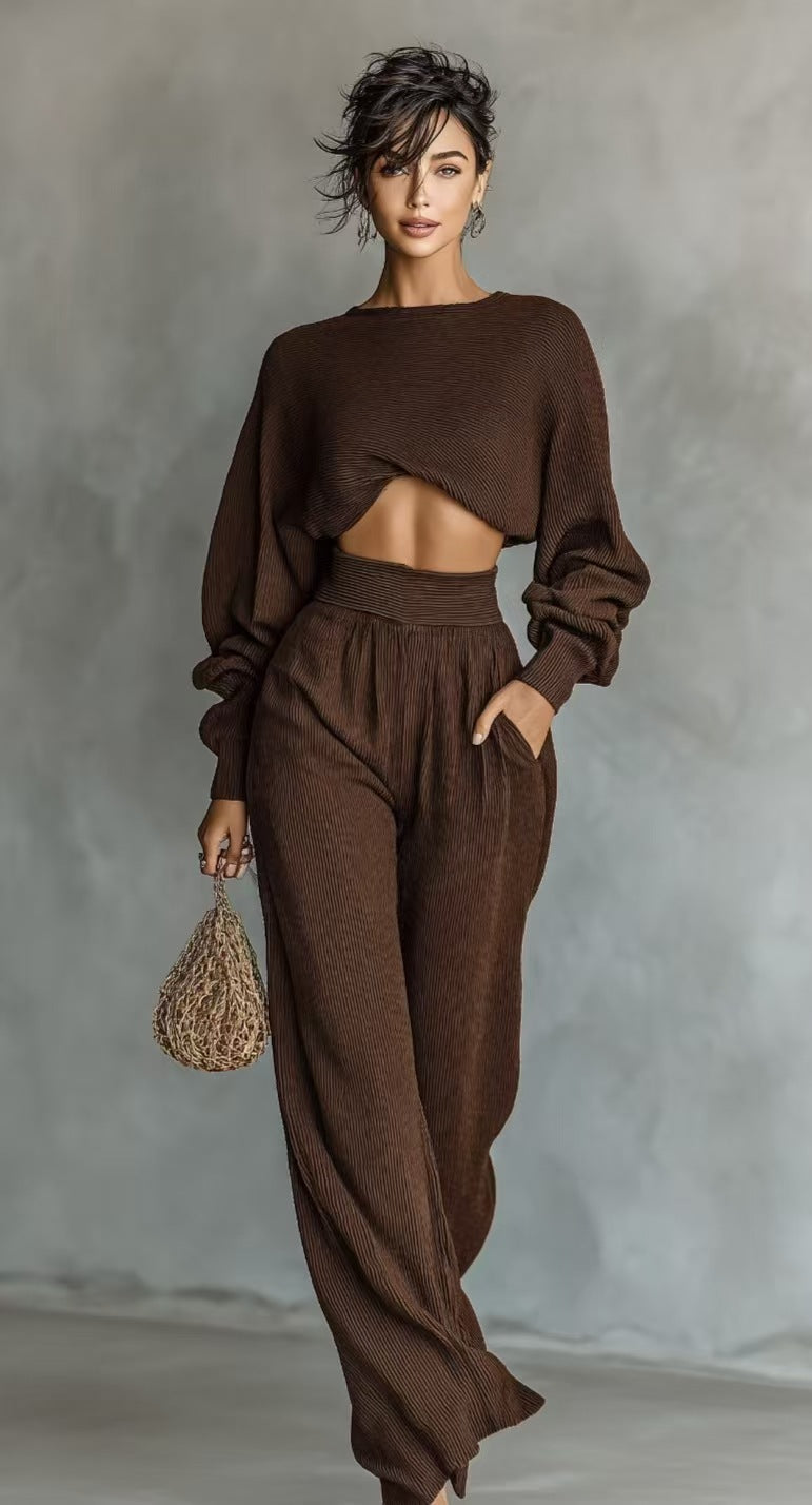 Fashionable Women's Knit Long-sleeve Top And Pants Two-piece Set