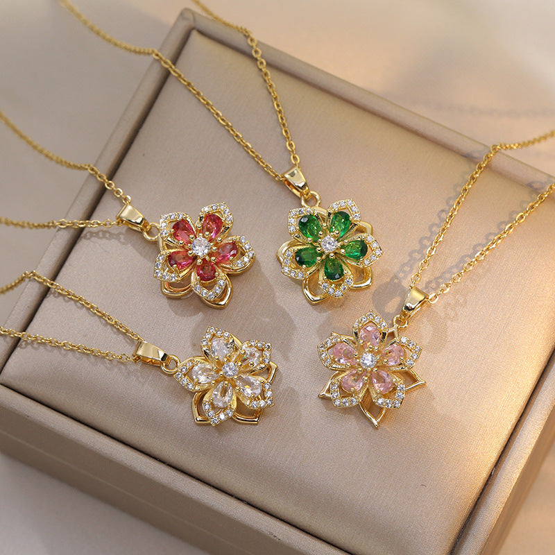 Ins Rhinestones Flowers Necklace Fashion Unique Rotatable Necklace Women's Pendant Jewelry