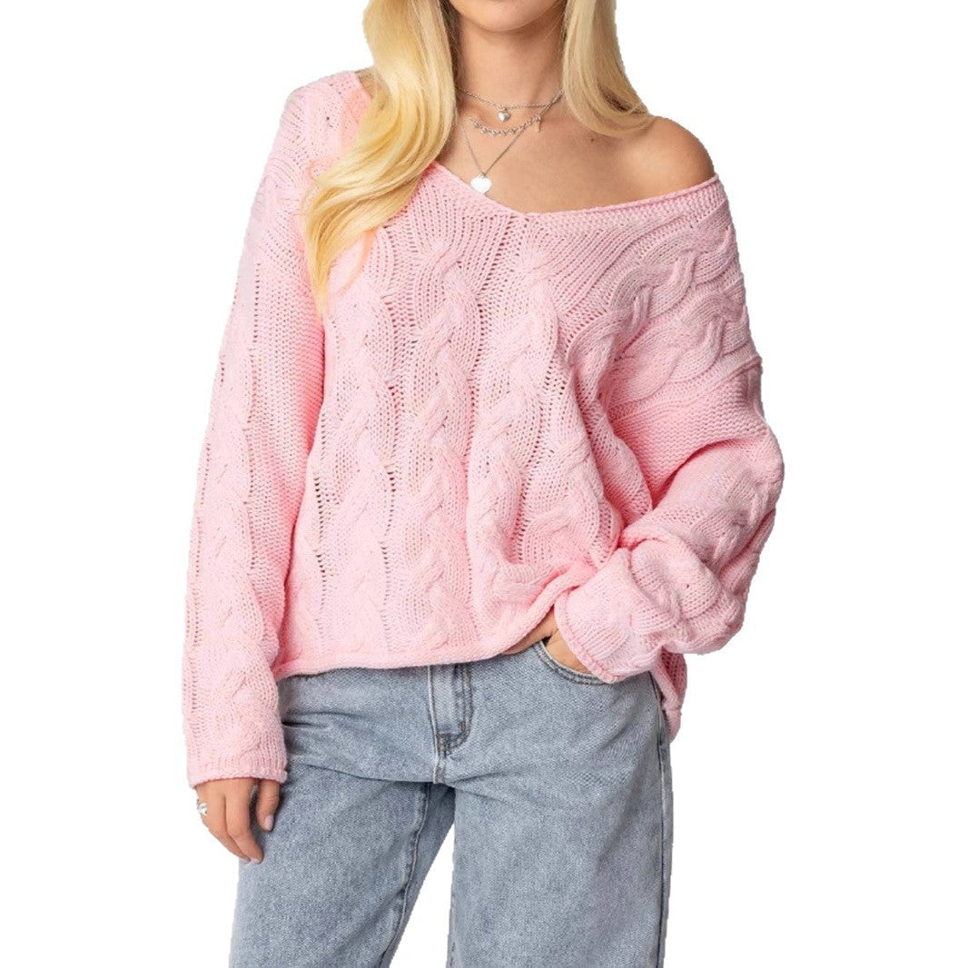 Women's V-neck Twist Knitted Pullover Sweater Blouse