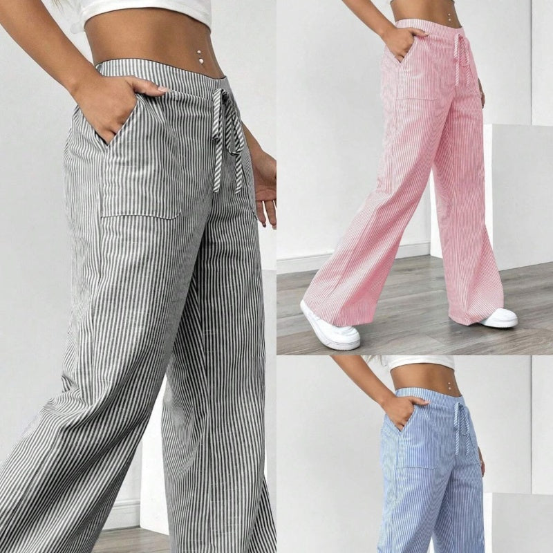 New Striped Trousers With Pockets Casual Versatile Loose Wide Leg Pants Women's Clothing