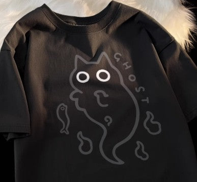 Loose-fit Pure-cotton Short-sleeve T-shirt With Cat Transparent Ghost Design