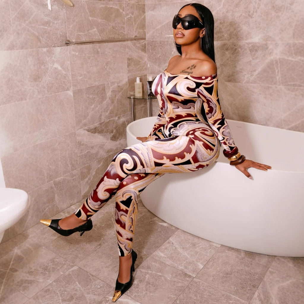 Sexy Print Off-shoulder Cinched Bodycon One-piece Trousers