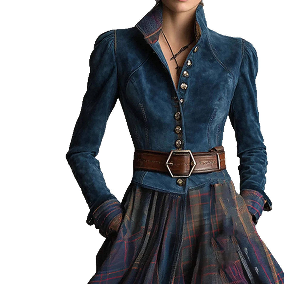 Denim-like Suede Patchwork Plaid Long-sleeve Dress